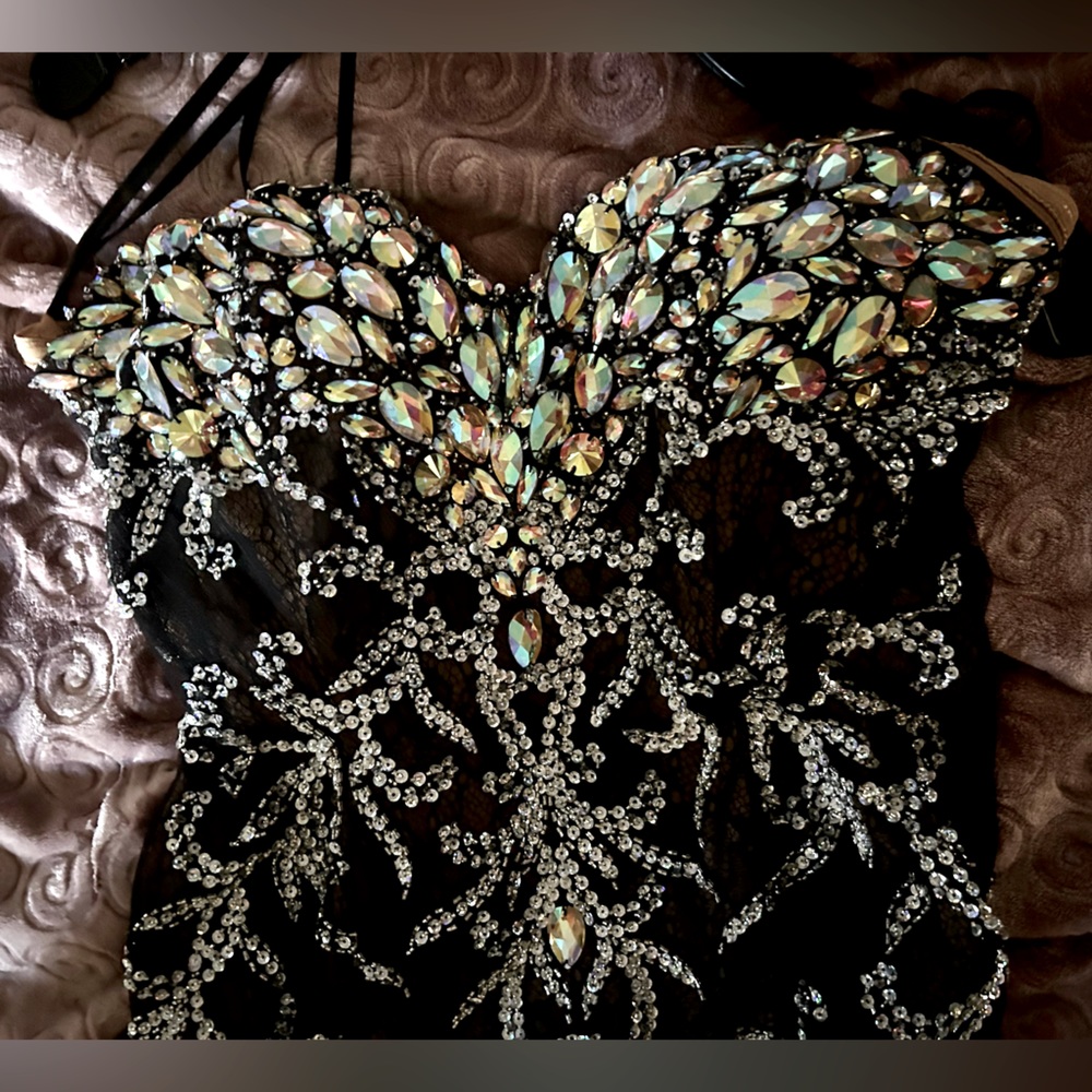 Sean couture - tan and black lace beaded gown